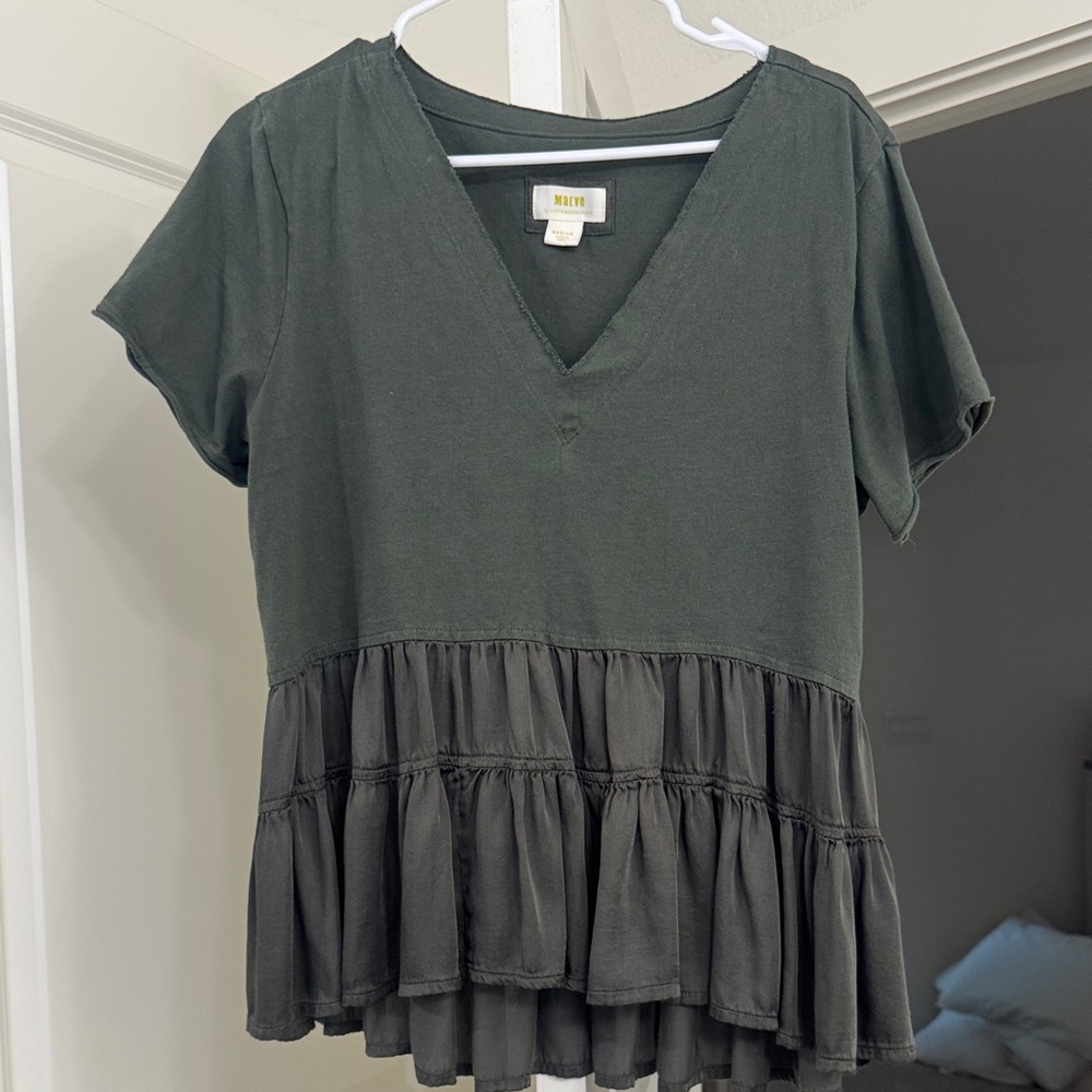 Anthropologie Dark Green Tiered Short Sleeve Top